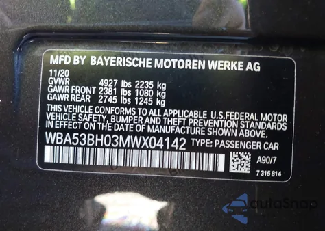 2021 BMW 530I z USA, uszkodzony, nr VIN WBA53BH03MWX04142